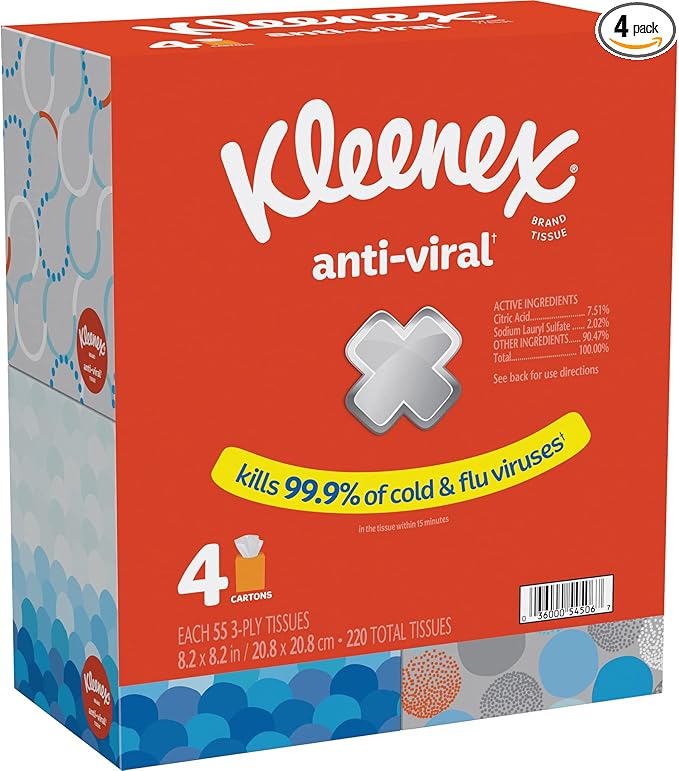 Kleenex Anti-Viral Facial Tissues, 4 Cube Boxes