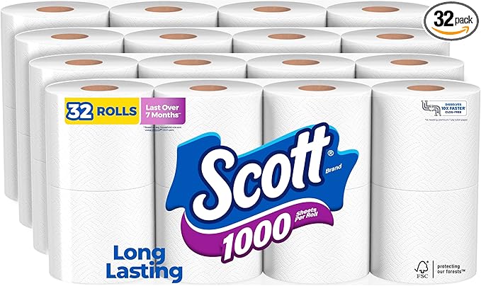 Scott 1000 Toilet Paper, 32 Rolls, Septic-Safe, 1-Ply Toilet Tissue , White