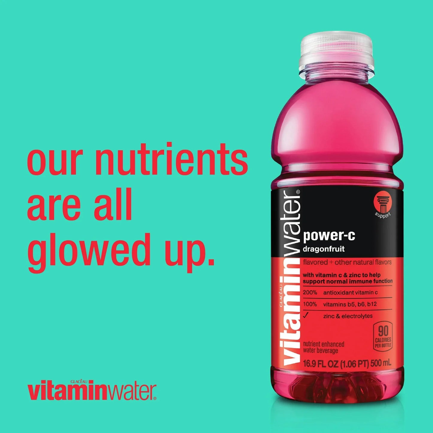 vitaminwater power-c electrolyte enhanced dragonfruit drink, 16.9 fl oz, 6 count bottles