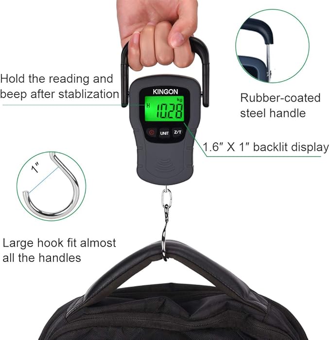 Digital Hanging Luggage Scale with Comfortable Handle and Large Hook, 110lb/50kg, Backlit Portable Scale for Travel Fishing with Tare/Hold Function, AAA Batteries Included, Grey