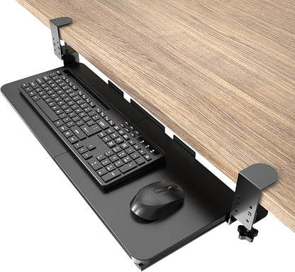 Keyboard Tray Under Desk Pull Out with Adjustable C-Clamp Mount, Slide-Out Computer Keyboard and Mouse Platform Drawer for Office and Home Typing (Black)