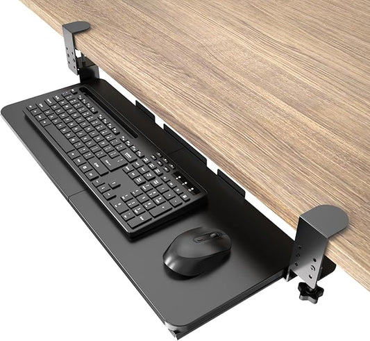 Keyboard Tray Under Desk Pull Out with Adjustable C-Clamp Mount, Slide-Out Computer Keyboard and Mouse Platform Drawer for Office and Home Typing (Black)