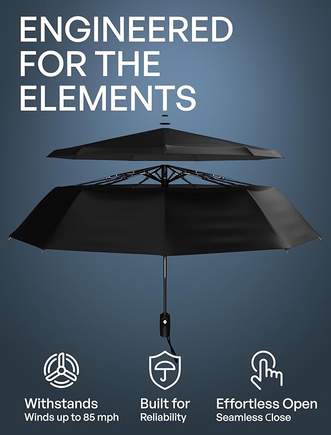 Windproof Travel Umbrella - Compact & Withstands Winds up to 85MPH , Strongest Premium Auto Folding Umbrella for Rain and Sun - Durable, Light & Portable for Women & Men , Fits Backpack & Cars