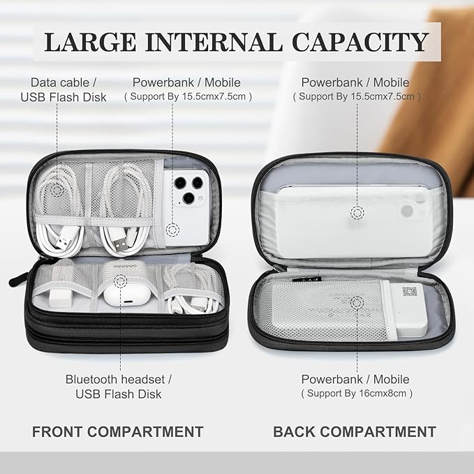ravel Cable Organizer Pouch Electronic Accessories Carry Case Portable Waterproof Double Layers All-in-One Storage Bag for Cord, Charger, Phone, Earphone Black