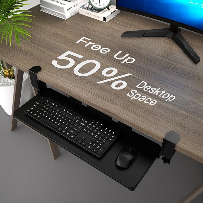 Keyboard Tray Under Desk Pull Out with Adjustable C-Clamp Mount, Slide-Out Computer Keyboard and Mouse Platform Drawer for Office and Home Typing (Black)