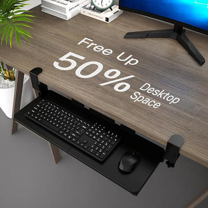 Keyboard Tray Under Desk Pull Out with Adjustable C-Clamp Mount, Slide-Out Computer Keyboard and Mouse Platform Drawer for Office and Home Typing (Black)