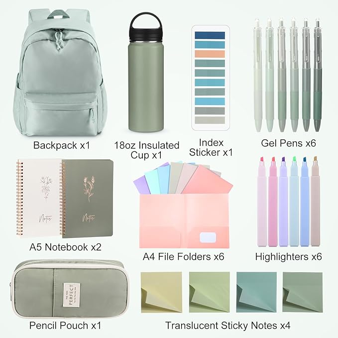 28 Pcs Backpack Set Pencil Case Notebook Pen Insulated Cup File Folder Sticky Note Memo Pad Essentials Stationery Kit(Green)