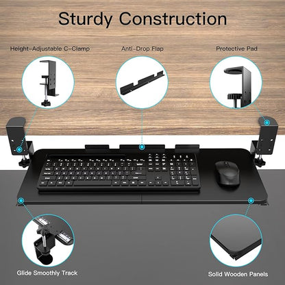 Keyboard Tray Under Desk Pull Out with Adjustable C-Clamp Mount, Slide-Out Computer Keyboard and Mouse Platform Drawer for Office and Home Typing (Black)