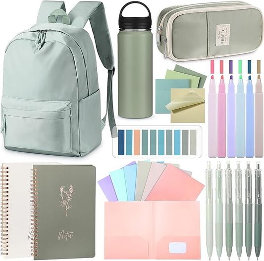 28 Pcs Backpack Set Pencil Case Notebook Pen Insulated Cup File Folder Sticky Note Memo Pad Essentials Stationery Kit(Green)