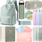 28 Pcs Backpack Set Pencil Case Notebook Pen Insulated Cup File Folder Sticky Note Memo Pad Essentials Stationery Kit(Green)