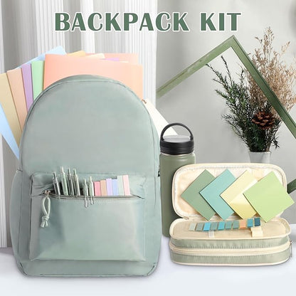 28 Pcs Backpack Set Pencil Case Notebook Pen Insulated Cup File Folder Sticky Note Memo Pad Essentials Stationery Kit(Green)