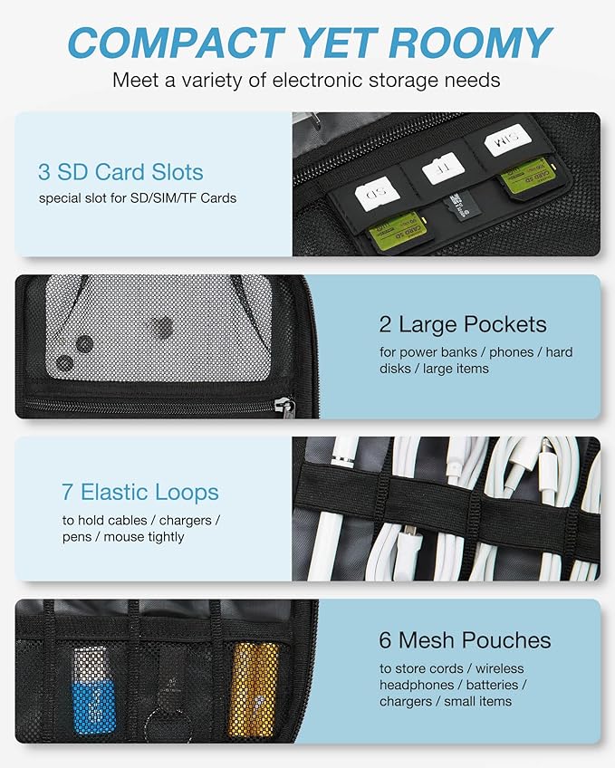 Electronics Travel Organizer Case, Tech Accessories Cord Storage Bag for Phone, Power Bank, SD Card, Cables, Black