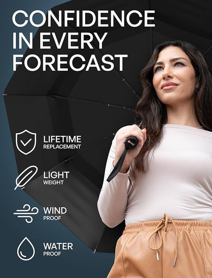 Windproof Travel Umbrella - Compact & Withstands Winds up to 85MPH , Strongest Premium Auto Folding Umbrella for Rain and Sun - Durable, Light & Portable for Women & Men , Fits Backpack & Cars