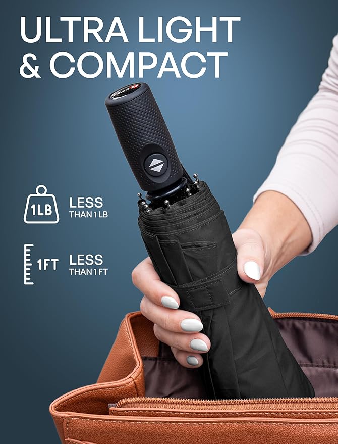 Windproof Travel Umbrella - Compact & Withstands Winds up to 85MPH , Strongest Premium Auto Folding Umbrella for Rain and Sun - Durable, Light & Portable for Women & Men , Fits Backpack & Cars