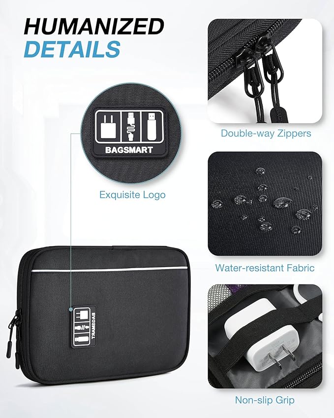 Electronics Travel Organizer Case, Tech Accessories Cord Storage Bag for Phone, Power Bank, SD Card, Cables, Black