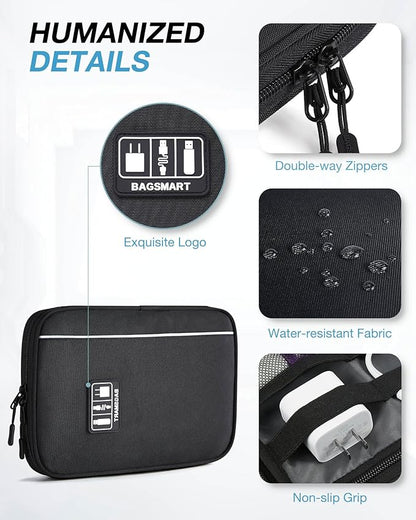 Electronics Travel Organizer Case, Tech Accessories Cord Storage Bag for Phone, Power Bank, SD Card, Cables, Black