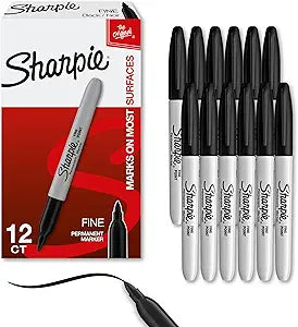 Permanent Markers, Fine Tip, Black, 12 Count - For Classroom, Office, & Home, Quick Drying, Fade Resistant, For Wood, Plastic, Paper, Metal, And More, Ideal for Posters, Drawing, Coloring