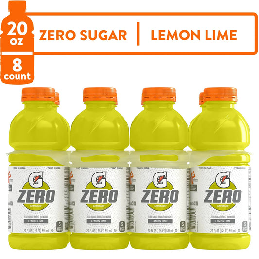 Gatorade Zero Sugar Thirst Quencher, Lemon Lime Sports Drinks, 20 fl oz, 8 Count Bottles