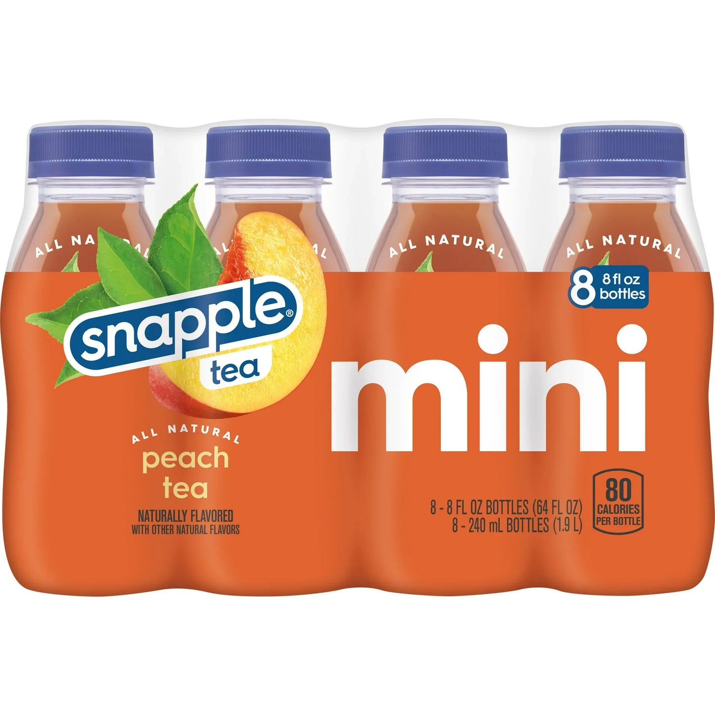 Snapple Natural Peach, Bottled Tea Drink, 8 fl oz, 8 Mini Bottles